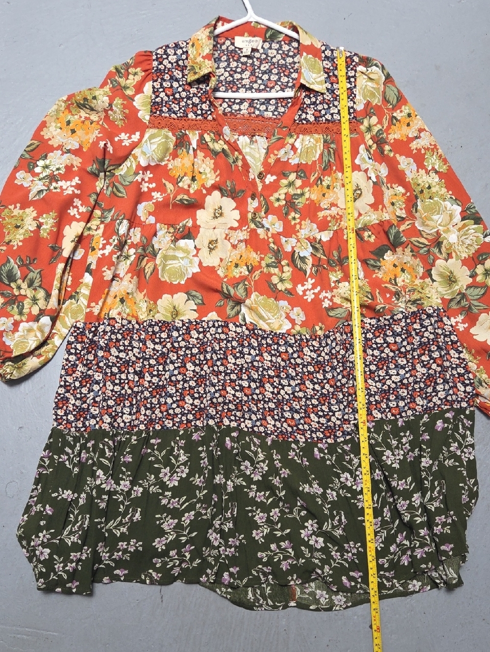 UMGEE Babydoll Teir Dress Rust Peasant Top Tunic Boho Floral Paisley Tiered Sz M - Picture 11 of 14
